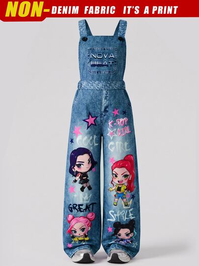 Girls' Cartoon Pattern Fun Letter Print Overalls, Fashion Back To School Item, Spring, Summer, Autumn Personalized Street Print Jumpsuit Overalls