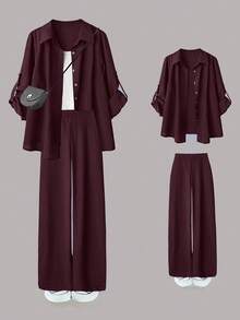 SHEIN LUNE 大尺碼女款休閒兩件套，純色翻袖單排扣休閒通勤襯衫與高腰寬鬆寬腿長褲套裝 - 中紫紅色 - 查看 1