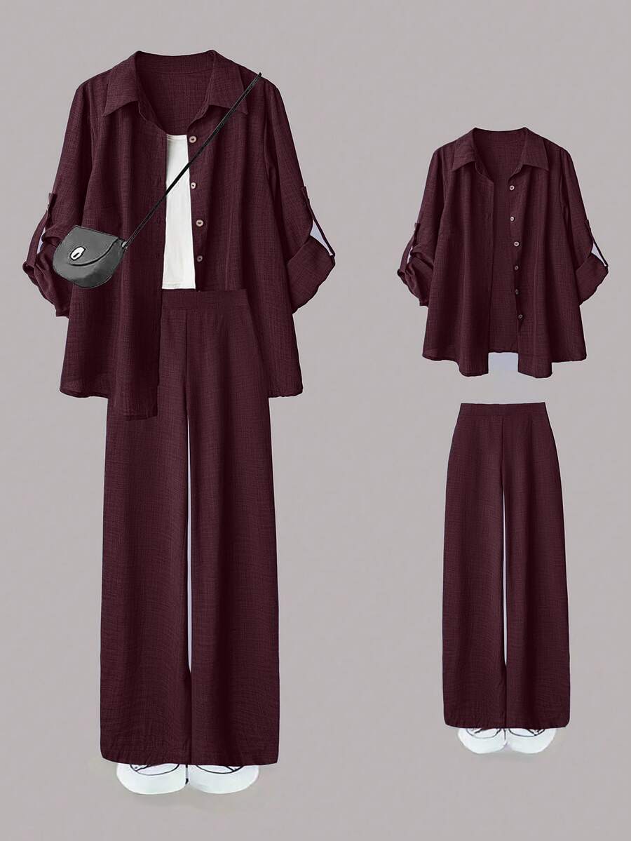 SHEIN LUNE 大尺碼女款休閒兩件套,純色翻袖單排扣休閒通勤襯衫與高腰寬鬆寬腿長褲套裝 - 中紫紅色 - 查看 1