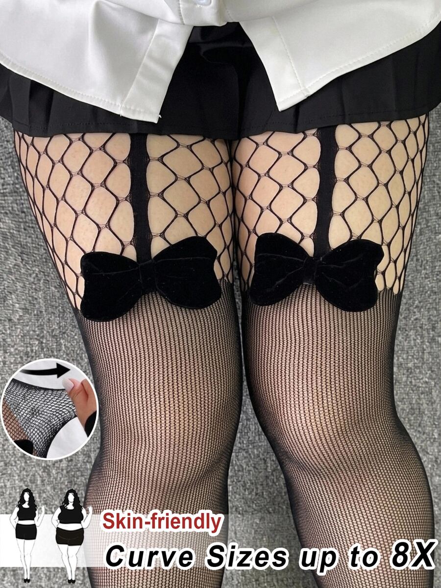 SHEIN CURVE+ مجموعة جوارب حريرية أنيقة ومثيرة مع فيونكة للمقاسات الكبيرة - الأسود - مشاهدة 1