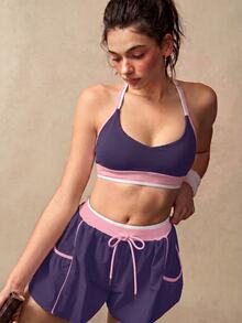 VARSIVA Women's Colorblock Drawstring Waist Loose Fit Athletic Shorts - Purple - View 6