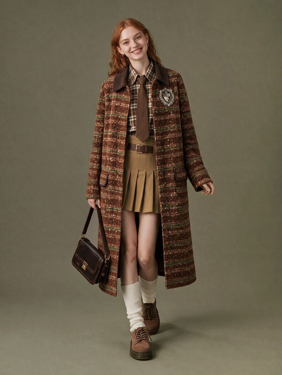 Elnivra Women's Striped Long Sleeve Lapel Long Vintage Overcoat - Brown - View 1
