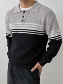 DAZY Autumn/Winter Navy Blue Striped Colorblock Polo Collar Men's Sweater - Multicolor - View 6