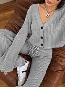 SHEIN EZwear 2件組女款休閒純色寬肩帶開襟衫與抽繩腰喇叭褲套裝，適合秋季/旅行，黑色 - 淺灰色 - 查看 1