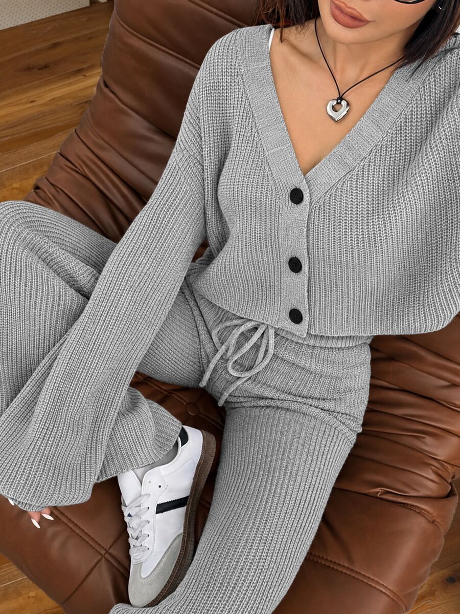 SHEIN EZwear 2件組女款休閒純色寬肩帶開襟衫與抽繩腰喇叭褲套裝,適合秋季/旅行,黑色 - 淺灰色 - 查看 1