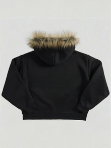SHEIN 青少年男孩休閒字母印花連帽夾克，毛邊飾邊，適合秋冬返校季 - 黑色 - 查看 2