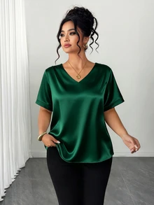 Elenzga Plus Size Elegant Glossy Minimalist V-Neck Satin Top For Women, Casual Business Summer - Dark Green - View 1
