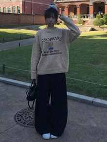DAZY Women's Contrast Letter Pattern Embroidered Loose Long Sleeve Crew Neck Casual Daily Vacation Korean Street Style Autumn/Winter Knit Sweater - Khaki - View 8