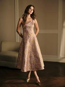 MOTF PREMIUM ELEGANT JACQUARD MID-LENGTH DRESS FOR WOMEN - Purple - View 4