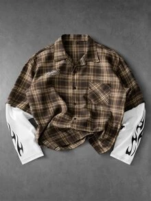 ROMWE MEN Street Life Men's Patchwork Plaid 2 In 1 Long Sleeve Casual Shirt - Multicolor - View 1