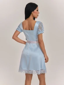 SHEIN PETITE Women's Pleated Square Neck Contrast Lace Short Sleeve Elegant Dress - Baby Blue - View 2