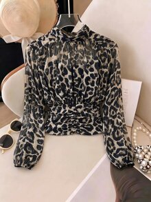 SHEIN Clasi 女款性感豹紋抓皺收腰上衣 - 灰色 - 查看 5