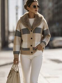 SHEIN Women's Plush Patchwork Plaid Casual Daily Cardigan - Multicolor - View 1