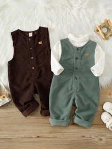 SHEIN 中性嬰兒男/女童、幼兒 2件組秋冬休閒百搭燈芯絨加厚吊帶褲，嬰兒吊帶褲/連身衣，嬰兒冬季衣物，復古風 - 彩色 - 查看 7