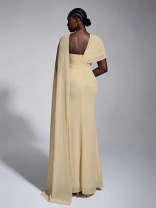 Elitara Plus Size Elegant Romantic Pale Yellow Asymmetrical Layered Design Pleated Flounce Fitted Mermaid Hem Dress For Evening Party Date Ball Vacation Wedding Event Bridesmaid Gown - Yellow - View 3