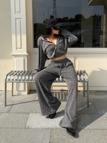DAZY Women's 2pcs Set Gray Short Zip-Up Hoodie With Drawstring And Wide Leg Long Pants, Washed Distressed Street Casual Sportswear, Autumn/Winter - Grey - View 6