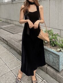 FRIFUL Women's Autumn Solid Color Velvet Fabric Camisole Dress & Cardigan 2 Pieces Set - Black - View 7
