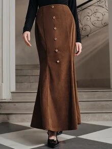 Anewsta Rok Wanita Model Ekor Ikan dengan Hiasan Kancing Warna Cokelat Kopi Modern - Coffee Brown - View 1