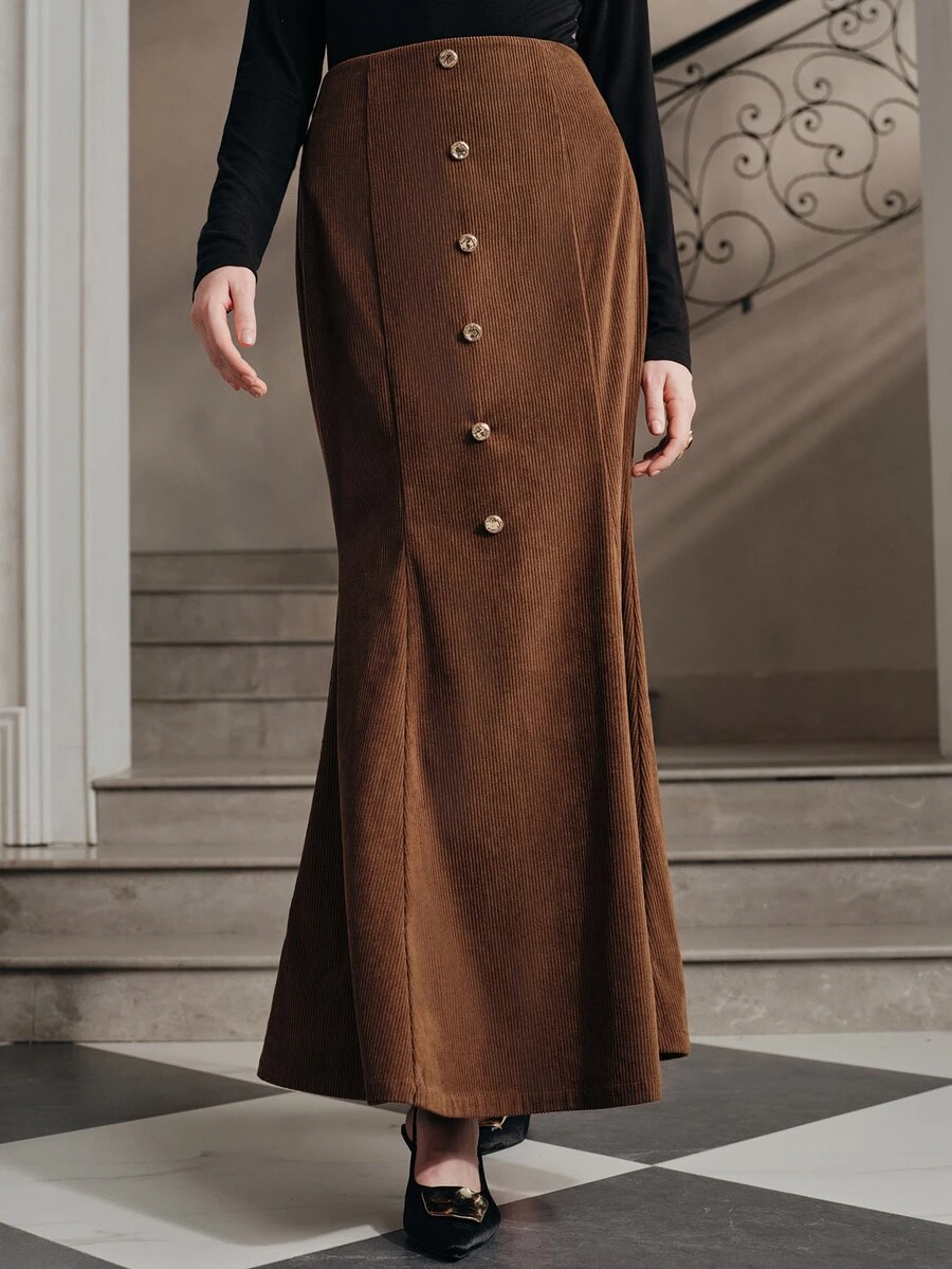 Anewsta Rok Wanita Model Ekor Ikan dengan Hiasan Kancing Warna Cokelat Kopi Modern - Coffee Brown - View 1