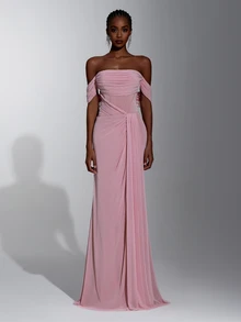 Elitara Elegant Pink Off-Shoulder Sleeveless Evening Gown With Metal Shoulder Buckle, Waist Fish-Tail Applique, Sheer Mesh Pleats, Handmade Hemp Rope Decor, Fish-Tail High Slit Side Drape, Suitable For Spring/Summer Dates, Vacations, Bachelorette Parties, Weddings, Events, Graduation, Back To School, Heavy Embellished Formal Party - Dusty Pink - View 5