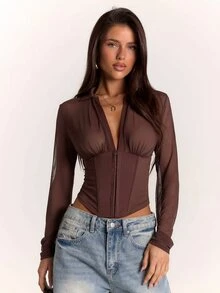 SHEIN BAE Women's Solid Color Zipper Slim Fit Versatile Daily Wear Long Sleeve Top - Brown - View 4