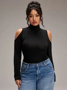 EMERY ROSE Plus Size Women Solid Color High Neck Cold Shoulder Long Sleeve Slim Fit T-Shirt - Grey - View 5