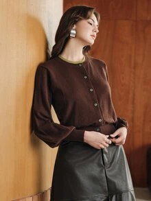Anewsta Autumn 2 In 1 Knit Cardigan Top - Coffee Brown - View 5