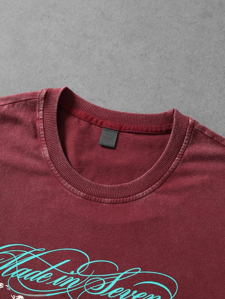 ROMWE MEN Street Life Men's Angel Print Crew Neck Short Sleeve Casual Loose Fit T-Shirt - Red - View 4