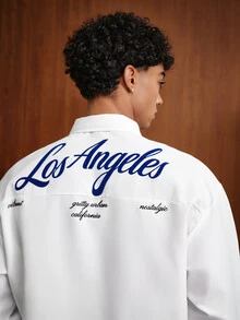 TOKVUE Men's White Base Blue Logo Letter Long Sleeve Shirt, Basic Shirt - White - View 6