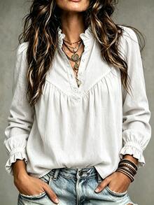 SHEIN Women's Fashion Blue Denim Effect Ruffle Collar Gathered Sleeve Loose Fit Versatile Shirt, Suitable For Daily Wear, Commuting, Casual Dating - White - View 1