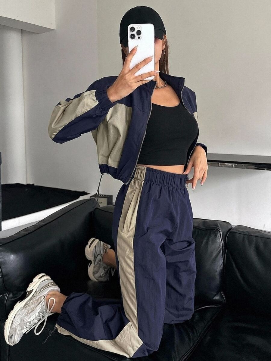 DAZY Women's Colorblock Patchwork Stand Collar Jacket & Pants Fashion 2 Pieces Set - Navy Blue - View 1