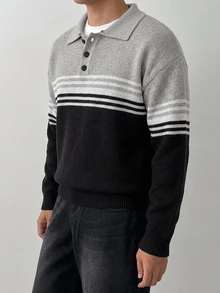 DAZY Autumn/Winter Navy Blue Striped Colorblock Polo Collar Men's Sweater - Multicolor - View 5