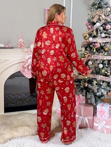 Slumberry CURVE Plus Size Women's Gingerbread Man Print Single-Breasted Top And Pants Pajama Set - Red - View 2
