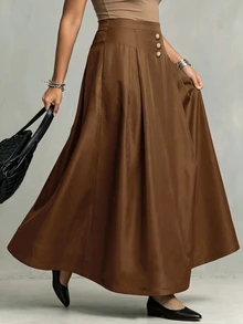 Linhara CURVE Rok Payung Model A-Line Pinggang Reguler Ukuran Plus untuk Wanita dengan Potongan Patchwork dan Gesper Dekoratif, Panjang Sedang, Rok Komuter - Coklat - View 5