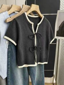 SHEIN Franclia 休閒寬鬆圓領短袖針織開襟外套，對比色邊緣，女款春/秋季 - 深灰色 - 查看 5