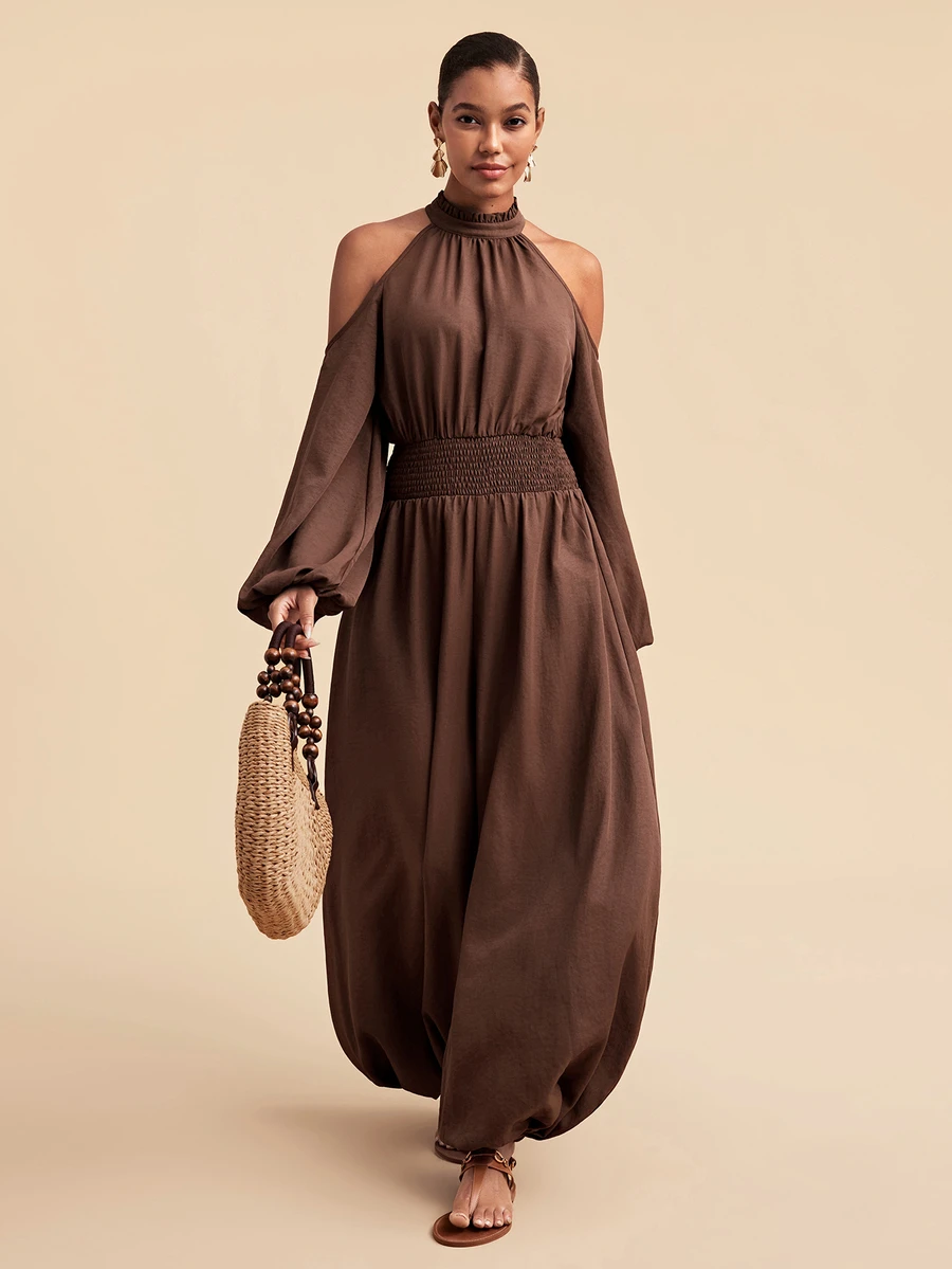 Travachic Women's Solid Color Cold Shoulder Casual Daily Wear Jumpsuit Lantern Pants - Khaki - View 1