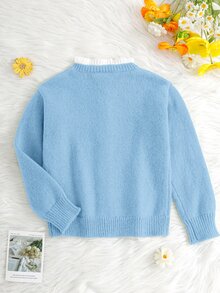 SHEIN 女童針織刺繡拼色立領休閒秋季開襟羊毛衫 - 藍色 - 查看 4
