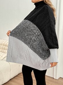 SHEIN CURVE+ كنزة نسائية مقاس كبير بألوان متباينة كاجوال للاستخدام اليومي بأكمام طويلة - متعدد الألوان - مشاهدة 7