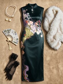 EastFlair Plus Size Women's Floral Print Cheongsam Collar Fitted Elegant Dress - Black - View 7