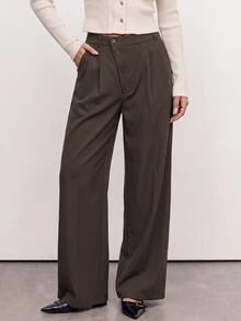 Avantive Women's Solid Color Asymmetric Button Placket Pocket Casual Suit Pants - Rust Brown - View 1