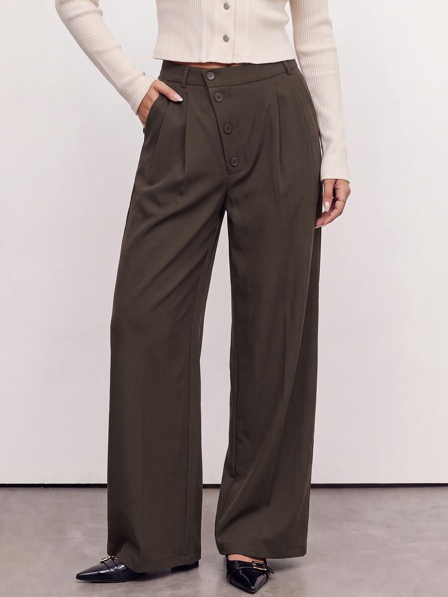 Avantive Women's Solid Color Asymmetric Button Placket Pocket Casual Suit Pants - Rust Brown - View 1