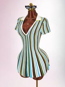 Amplova Colorblock Striped Polo Collar Cinched Waist A-Line Knit Mini Dress - Multicolor - View 4
