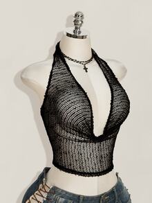SHEIN ICON 夏季 Y2K 風格女款無袖露背素色垂領短版性感細肩帶背心上衣 - 黑色 - 查看 9