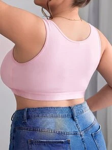 SHEIN CURVE+ 大尺碼簡約純色前扣式內衣背心，Curve Plus，Hoho Vacation - 粉色 - 查看 6