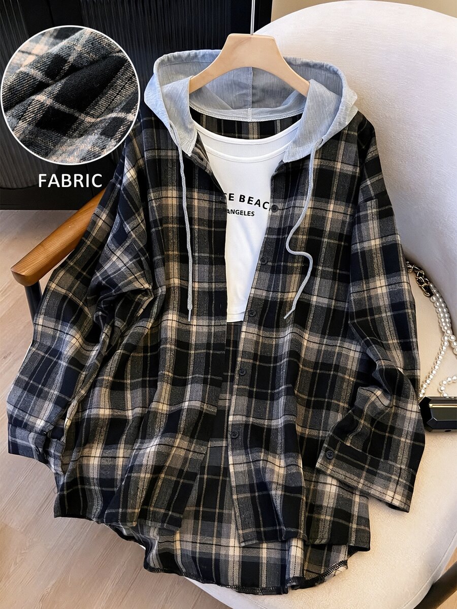 EMERY ROSE Versatile Premium Cotton Linen Plaid Patchwork Contrast Color Knit Hooded Plus Size Women's Shirt - Multicolor - View 1
