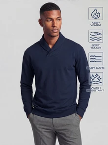 TekDrob Viscose Blend Shawl Collar Sweat Pullover With Keep Warm Effect - Navy Blue - View 1