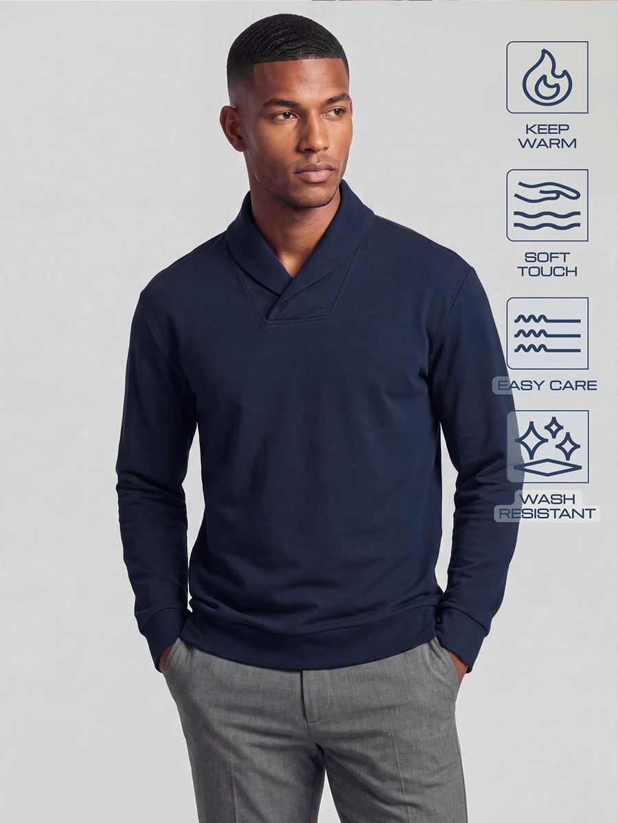 TekDrob Viscose Blend Shawl Collar Sweat Pullover With Keep Warm Effect - Navy Blue - View 1