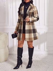 SHEIN Lady Women's Plaid Double-Breasted Long Sleeve Jacket - Coffee Brown - View 3