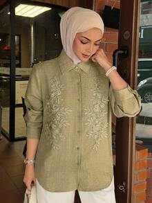 DAZY Spring/Summer Women's Casual Lace Patchwork Blouse - Army Green - View 3