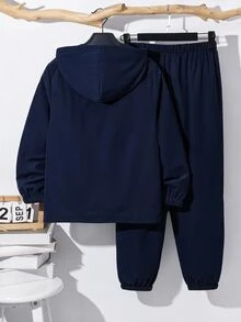 SHEIN 2件組兒童小男孩休閒日常百搭舒適拼接連帽半拉鍊套頭寬鬆長袖夾克與寬鬆收口長褲梭織套裝，適合學校、花園、海灘、生日，春夏穿著 - 彩色 - 查看 2